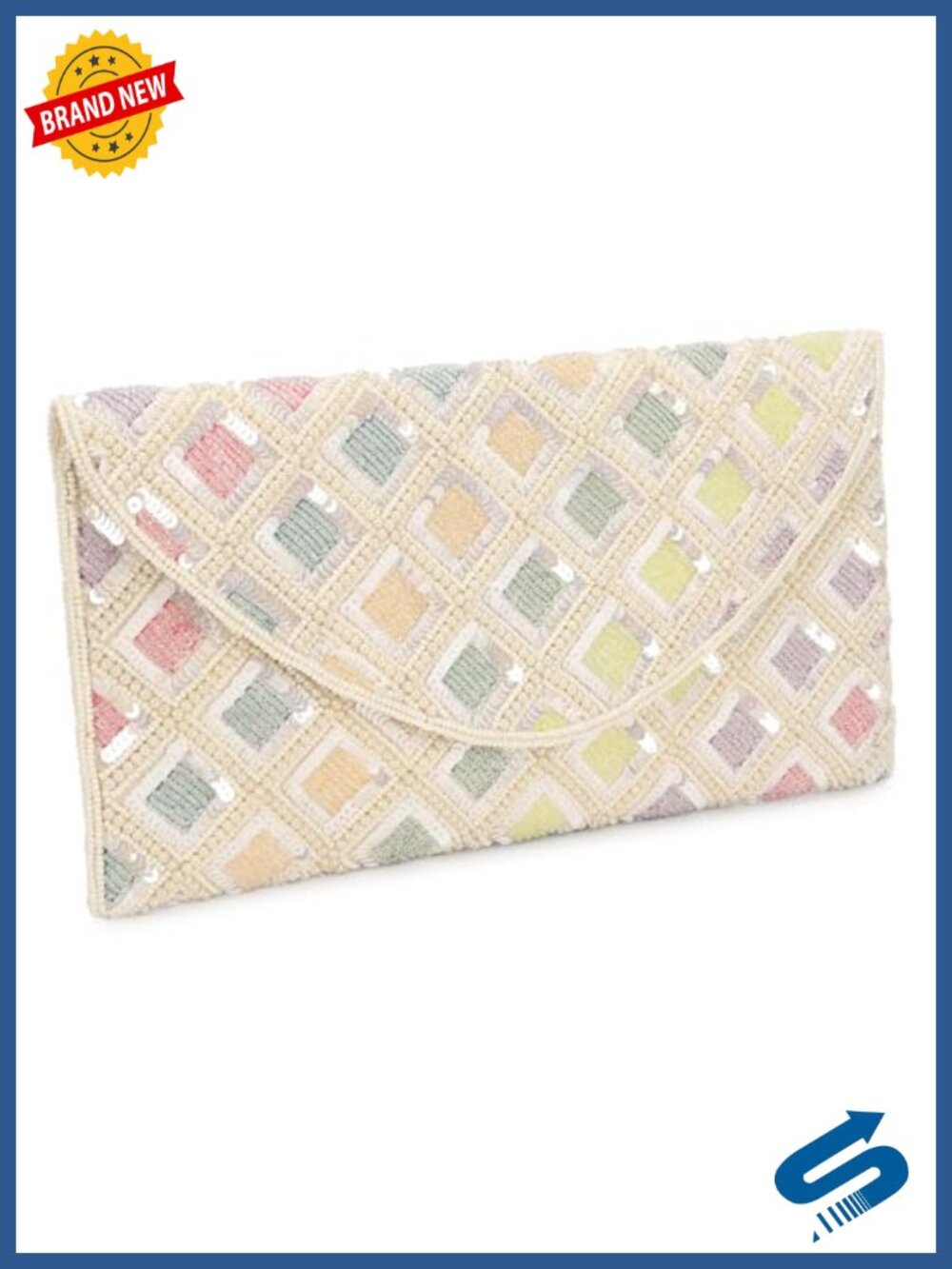 Geometric Beaded Envelope Clutch, Silver Chain Strap, Evening Purse